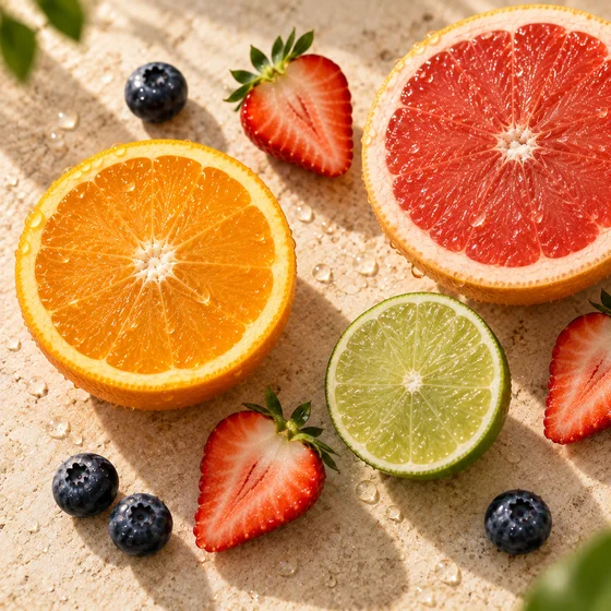 Naranja, pomelo, lima, fresas y arándanos partidos, vistos desde arriba.