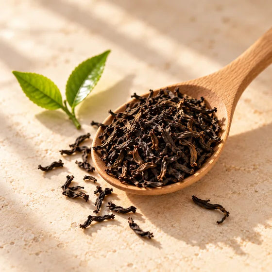 Hojas de té negro en una cuchara de madera, sobre piedra clara.