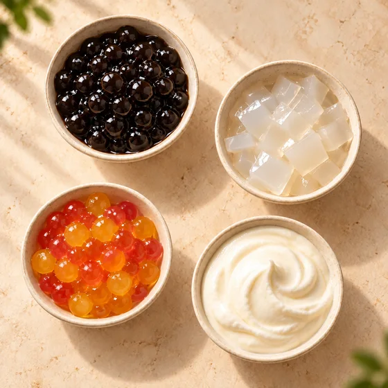Cuatro cuencos con perlas de tapioca, gelatina de coco, popping boba y crema de queso.